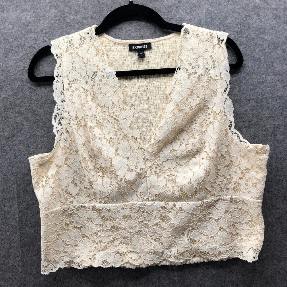 Express Lace Smocked Crop Top Womens XL Ivory Floral Sleeveless V-Neck Tank